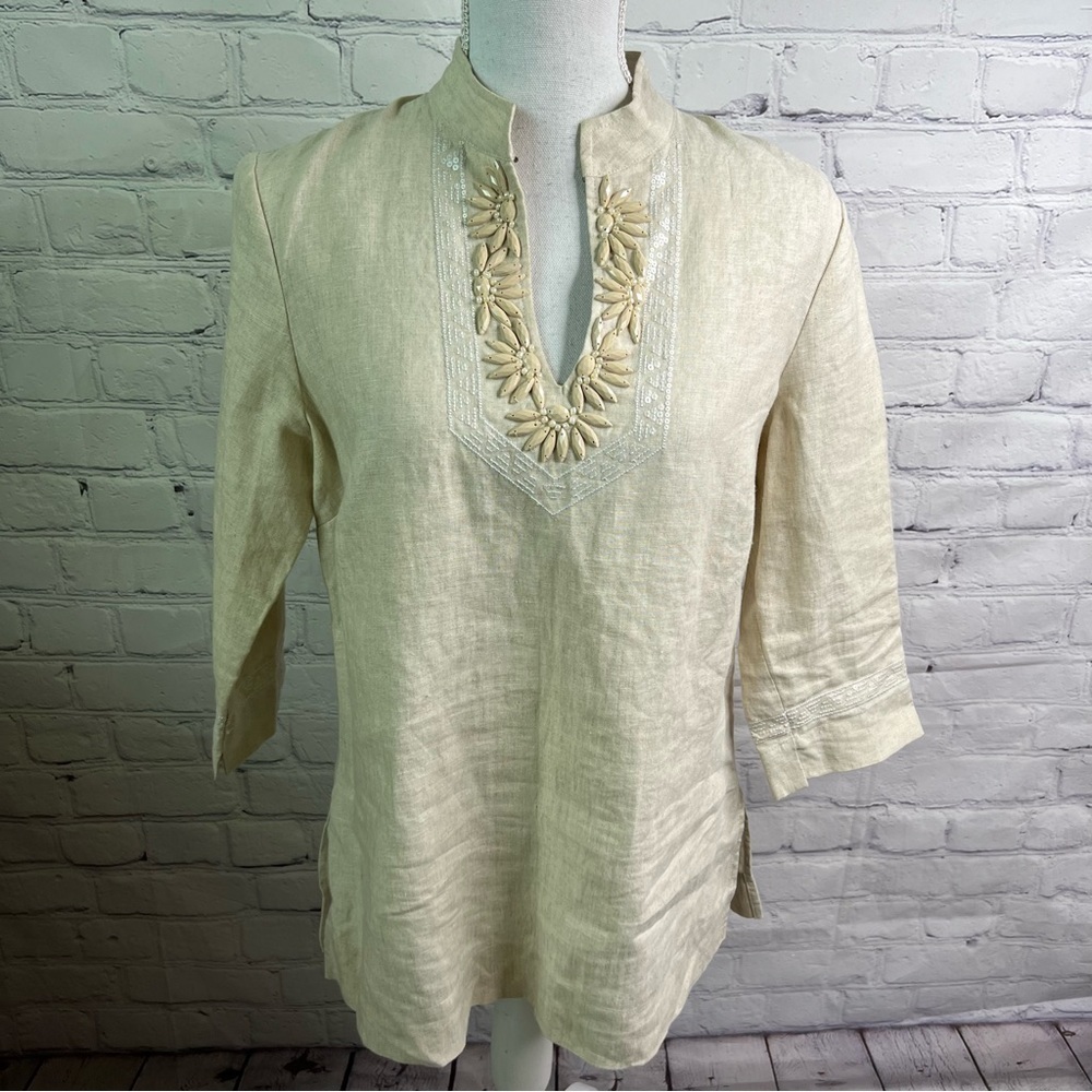 KATE HILL Linen Tan Tunic Top Medium Petite